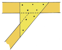Connection with two pieces of plywood bolted to beam and brace